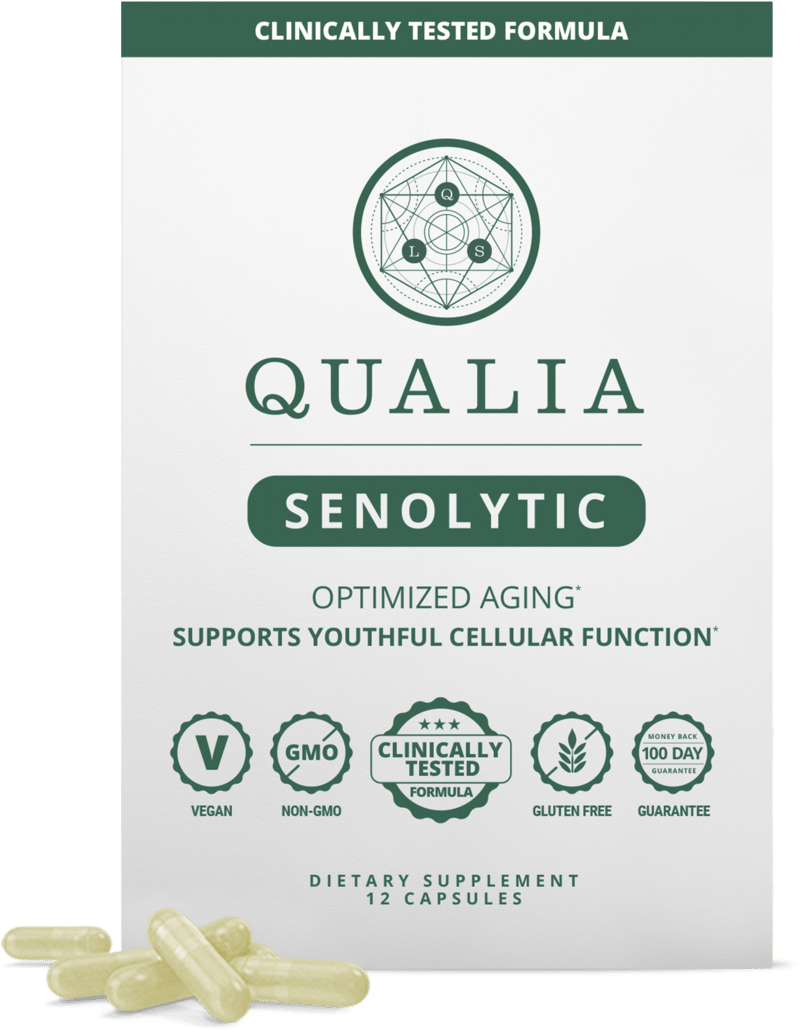 Qualia Senolytic supplement box and capsules by Neurohacker Collective