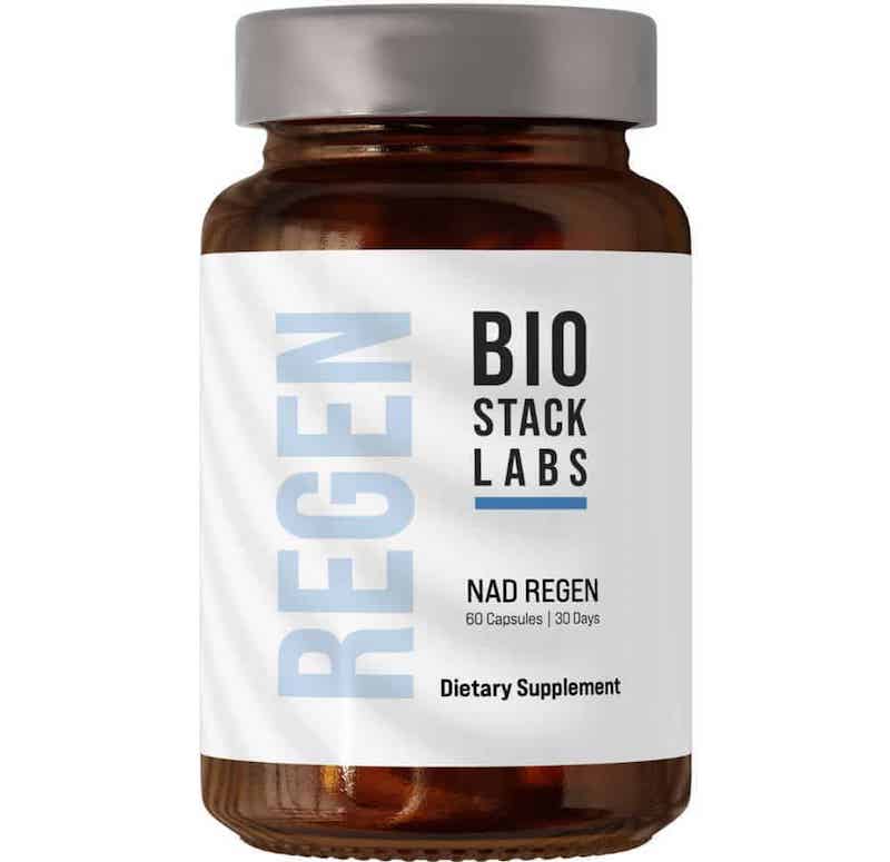 Biostack Labs NAD Regen longevity supplement bottle with NAD3 spermidine resveratrol