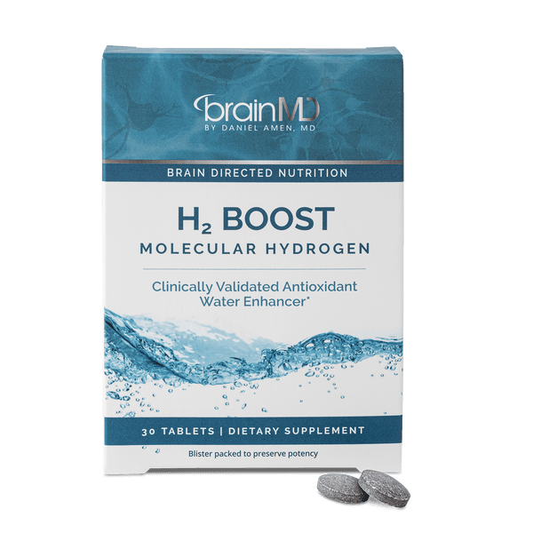 BrainMD H2 Boost molecular hydrogen tablets bottle and product capsules
