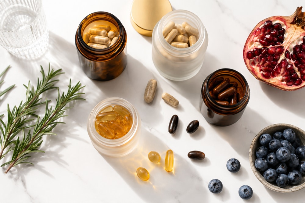 All-in-one anti-aging supplement complex jars with antioxidant berries flat-lay