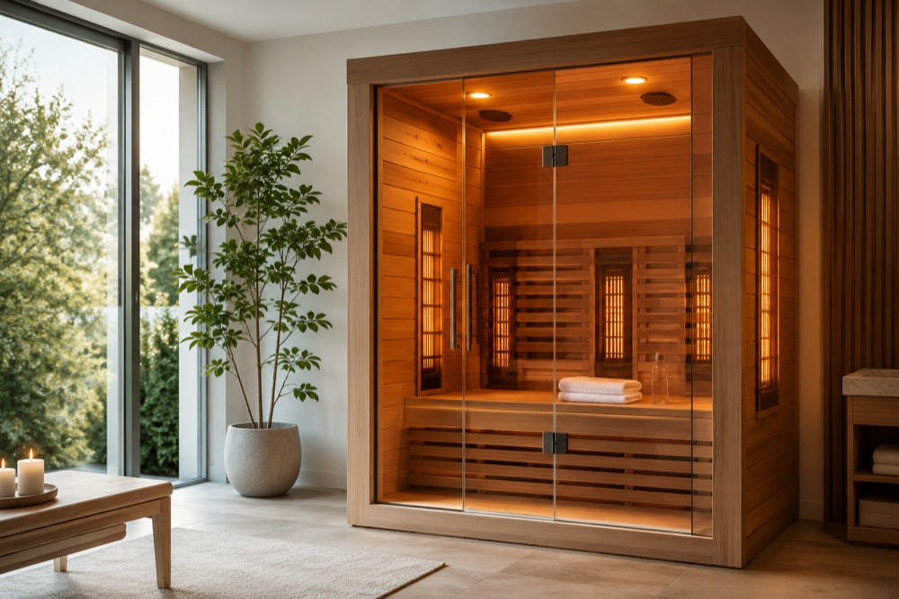Modern cedar infrared sauna cabin in a serene home wellness space