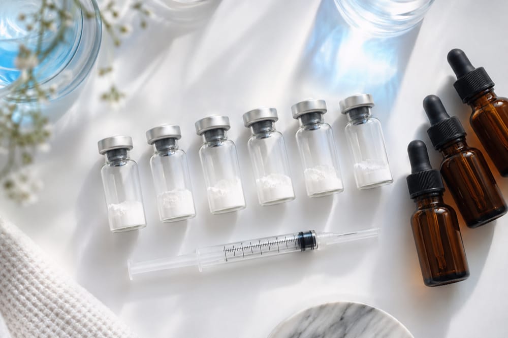Online peptide vendor research vials and reconstitution syringe lab flat-lay
