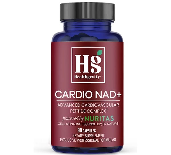 Healthgevity Cardio NAD+ cardiovascular NAD3 supplement bottle with CoQ10 nattokinase