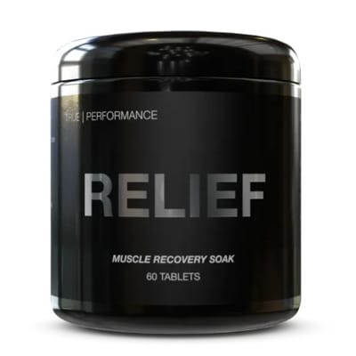 Black canister of Drink HRW RELIEF Muscle Recovery Soak, 60 tablets