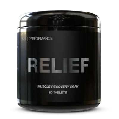 drinkhrw-relief-img Black canister of Drink HRW RELIEF Muscle Recovery Soak, 60 tablets