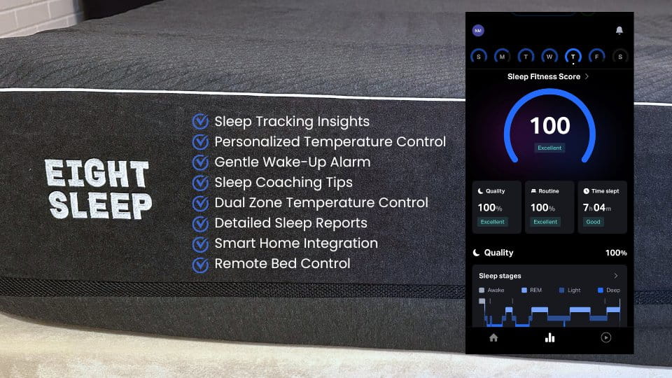 eight-sleep-pod-pro-app-features Screenshot of the Eight Sleep app displaying a perfect Sleep Fitness Score, which is more accurate than my Oura ring.
