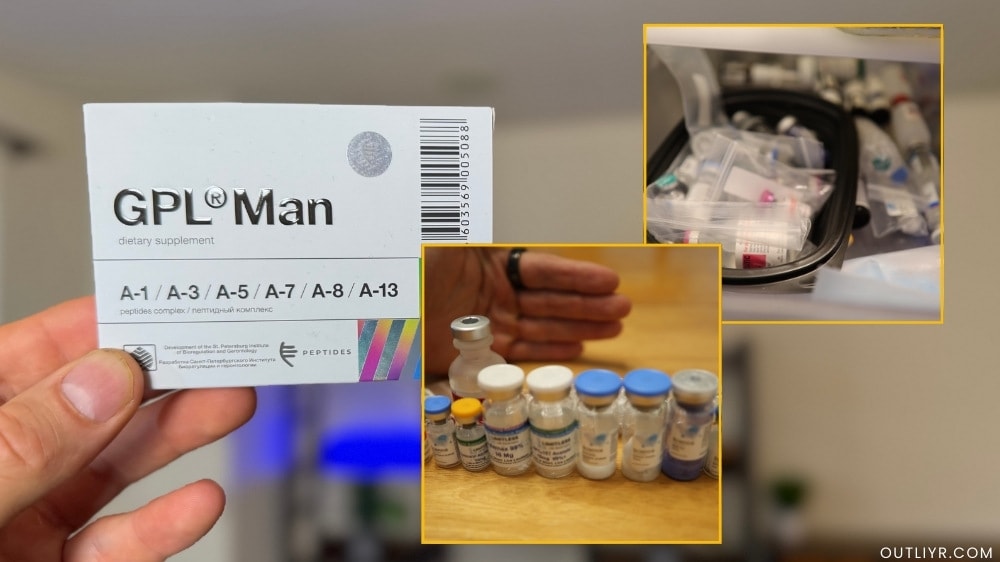 gplman-peptide-bottles Nick Urban holding Cosmic Nootropics' GPL Man along with some peptide bottles