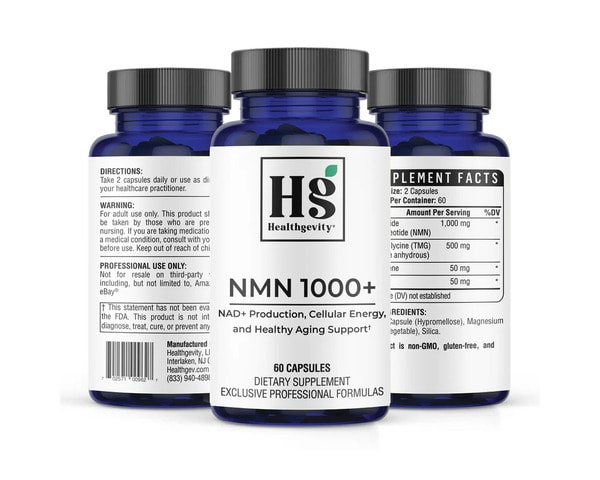 Healthgevity NMN 1000+ supplement bottle with TMG pterostilbene apigenin