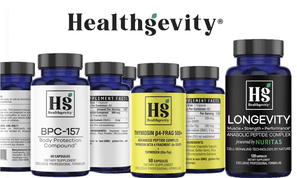 Healthgevity oral peptide supplement bottles and brand