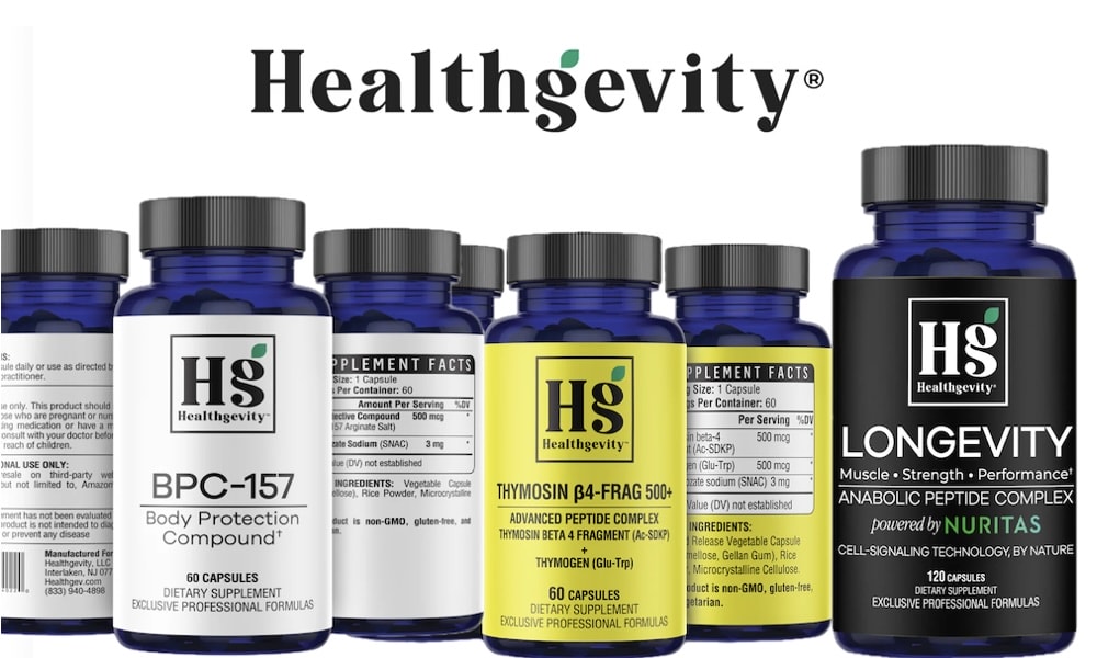 Healthgevity oral peptide supplement bottles and brand