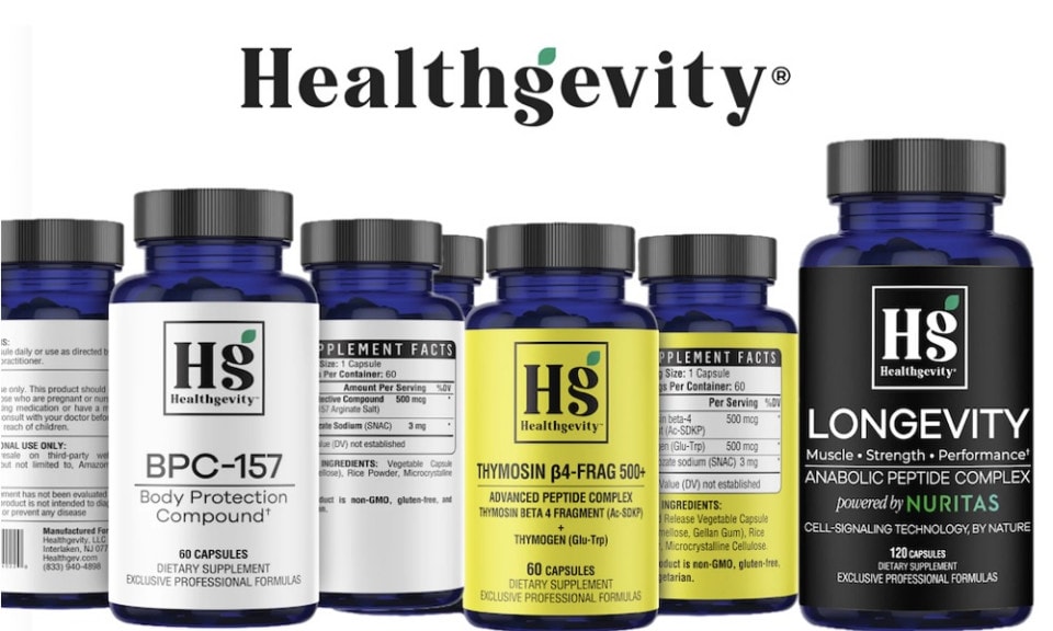 Healthgevity oral peptide supplement bottles and brand