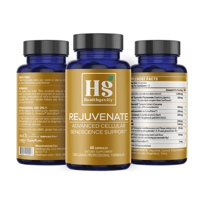 Healthgevity Rejuvenate 2.0 senolytic supplement bottles