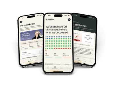 Hundred Health biomarker analysis app showing results across 125 health markers
