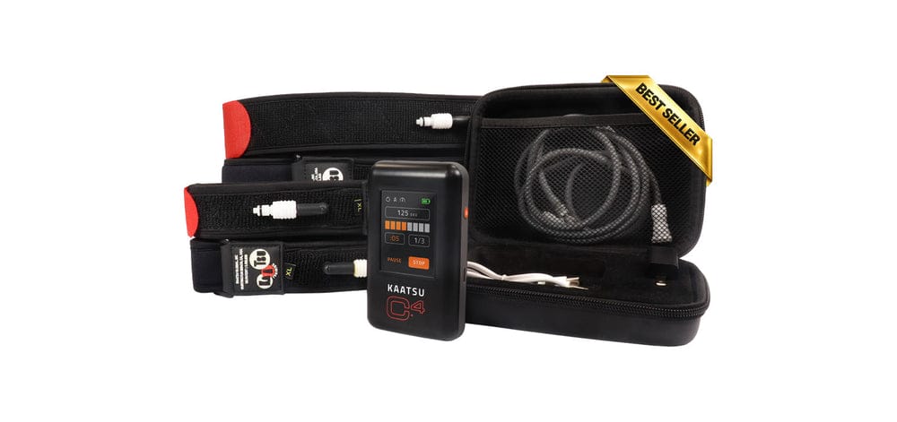 KAATSU C4 handheld pneumatic BFR controller with touchscreen and air bands