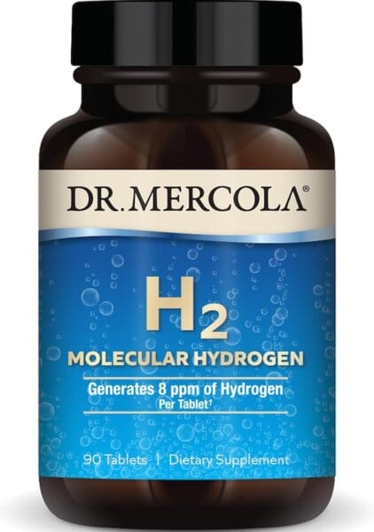 Dr. Mercola H2 Molecular Hydrogen 90 effervescent tablets in an amber bottle