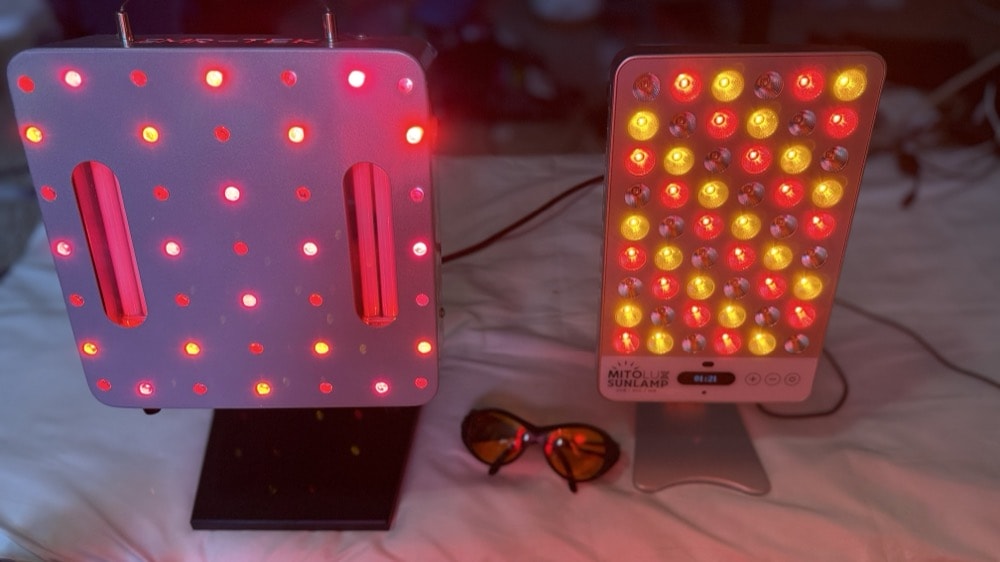 Mitolux and EMR-Tek Krypton UV light therapy panels powered on side by side