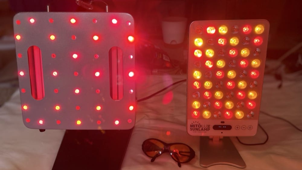 Mitolux Sun Lamp and EMR-Tek Krypton UV panels lit on stands during comparison testing