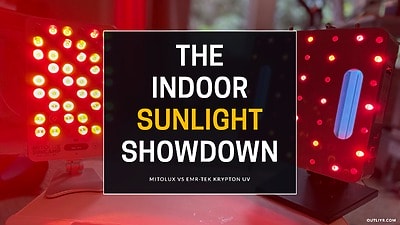 Mitolux Sun Lamp and EMR-Tek Krypton UV panels lit side by side, indoor vitamin D comparison