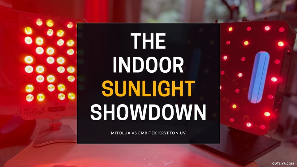 Mitolux Sun Lamp and EMR-Tek Krypton UV panels lit side by side, indoor vitamin D comparison