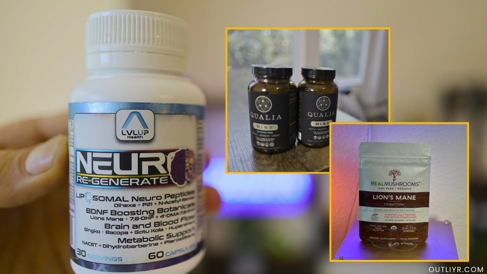 nootropics-supplements Nick Urban's nootropic stack including Qualia Mind 2.0, Lion's Mane, & LVLUP Health's Neuro Regenerate
