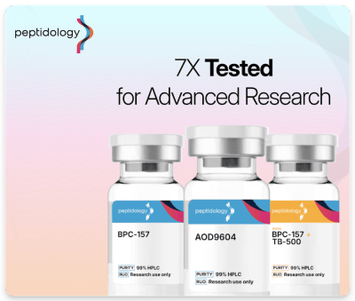 Peptidology research peptide supplier logo and product