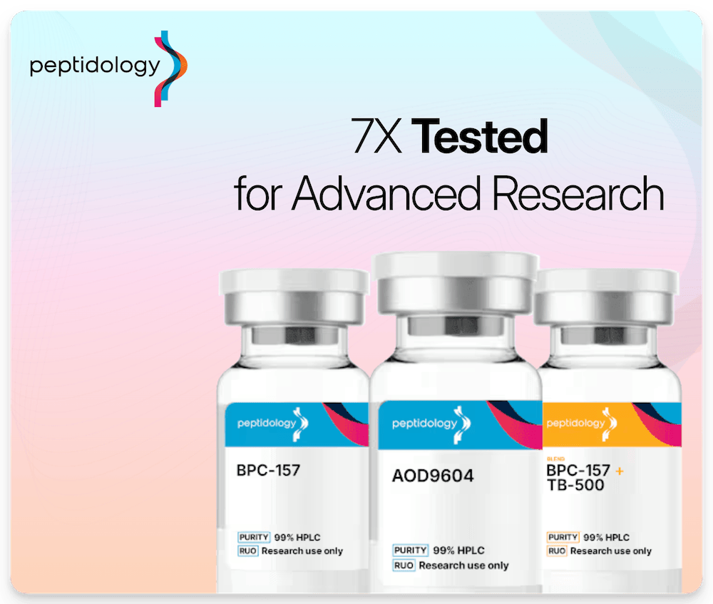 Peptidology research peptide supplier logo and product
