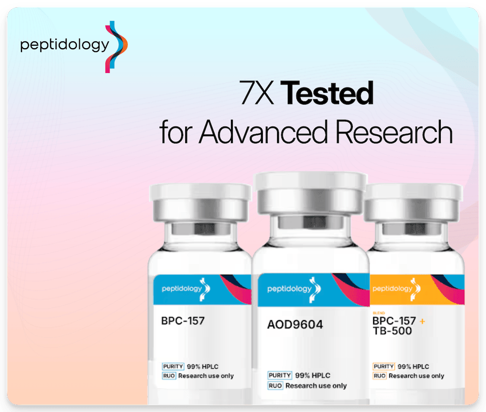 Peptidology research peptide supplier logo and product