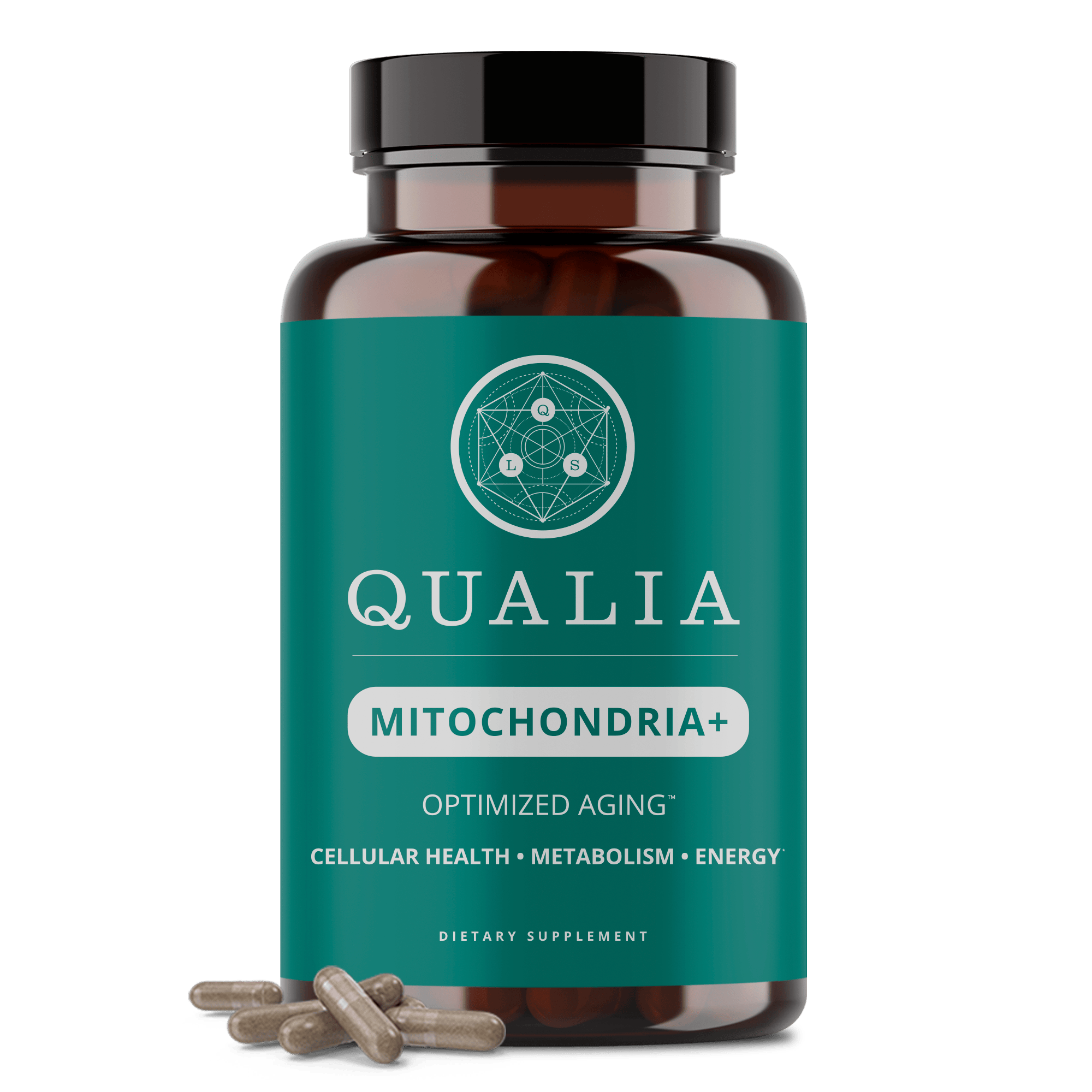 Qualia Mitochondria+ 34-ingredient cellular energy supplement bottle