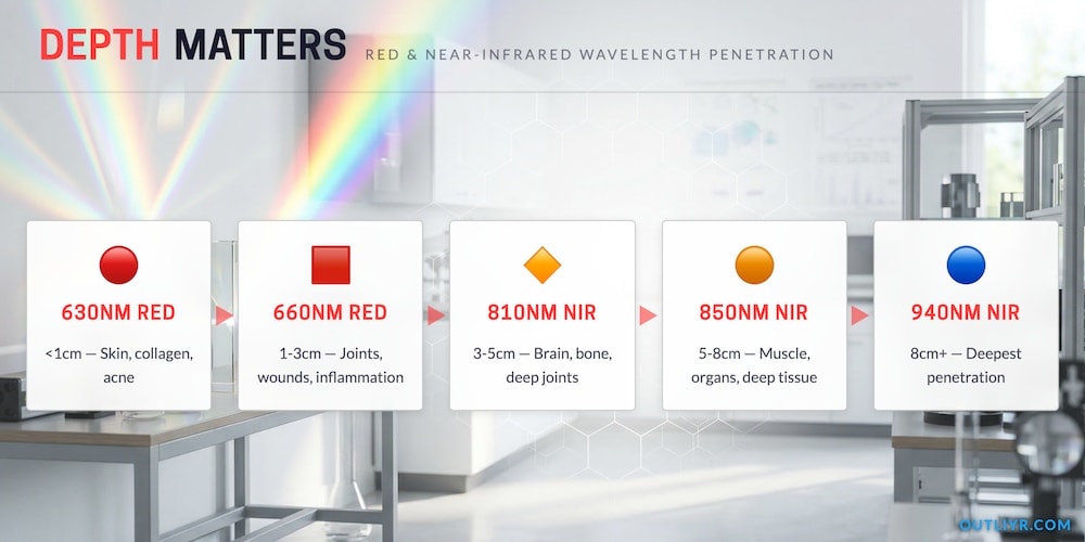 The most important wavelengths for red light therapy, their penetration depth, and their benefits
