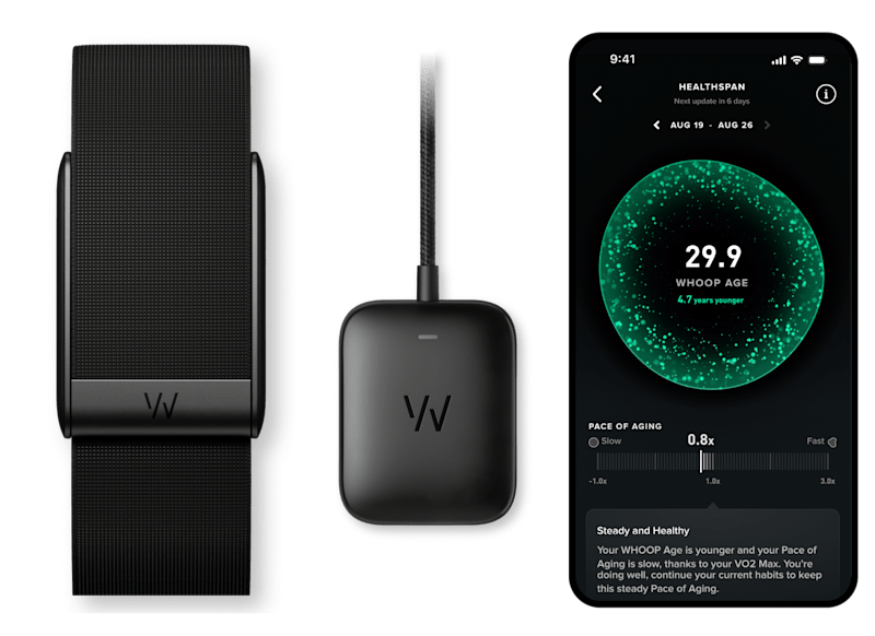 WHOOP 5.0 band with battery pack charger and app interface on white background