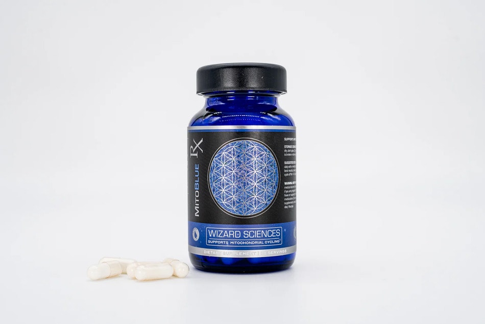 Wizard Sciences MitoBlue RX blue light mitochondrial supplement bottle